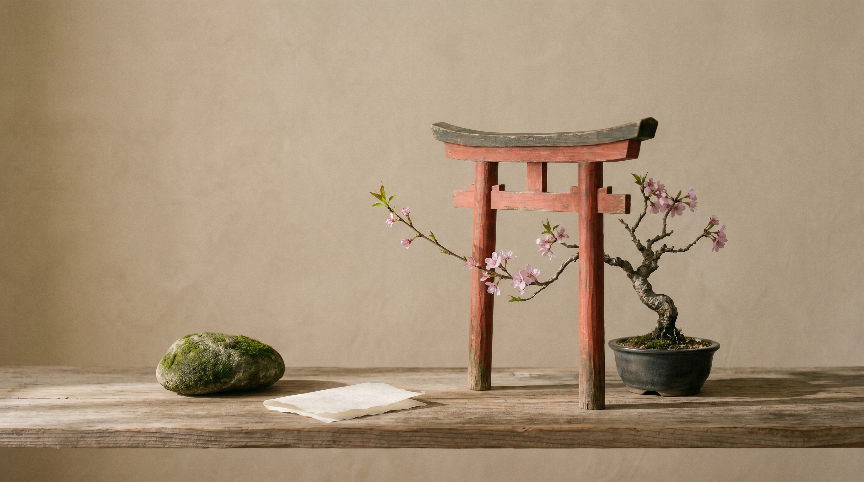 Miniatyr-torii och blommande bonsai på cedershylla – synas i Google och AI