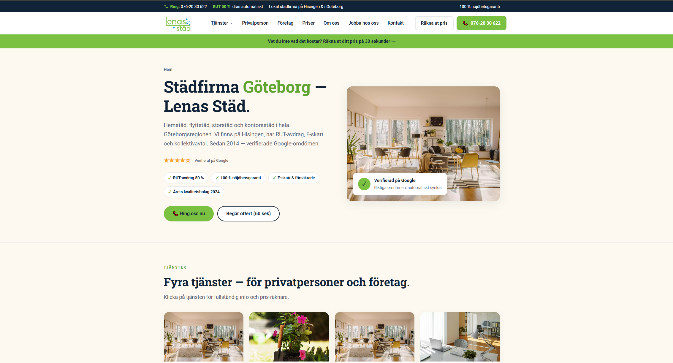 Skärmbild av Lenas Städs nya webbplats